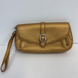 Talbots Metallic Gold Pebbled Leather Wristlet Clutch Bag Silver Buckle Detail